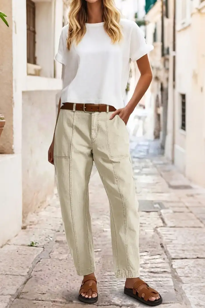 ⚡FINAL SALE⚡- Solid Stitch Detail Mid Waist Barrel Leg Pants Without Belt