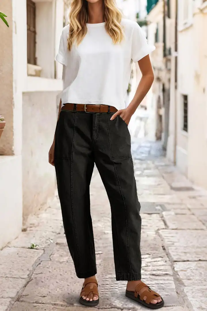 ⚡FINAL SALE⚡- Solid Stitch Detail Mid Waist Barrel Leg Pants Without Belt