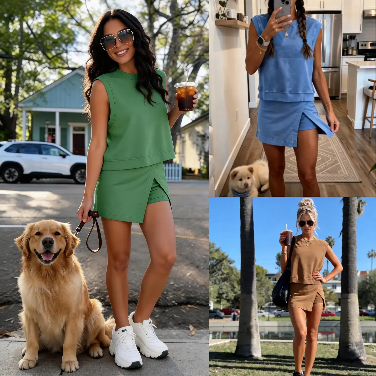 Yeokou Women's Travel Outfits Summer Lounge Set Two Pieces Mineral Wash Cotton Tank Top Lined Split Athletic Skirt Set