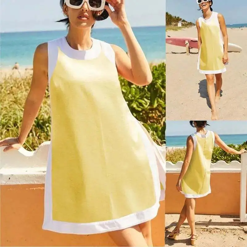 Women's 2-Piece Sets Color Block Crewneck Sleeveless Top + Skirt & Shorts w/ Pockets