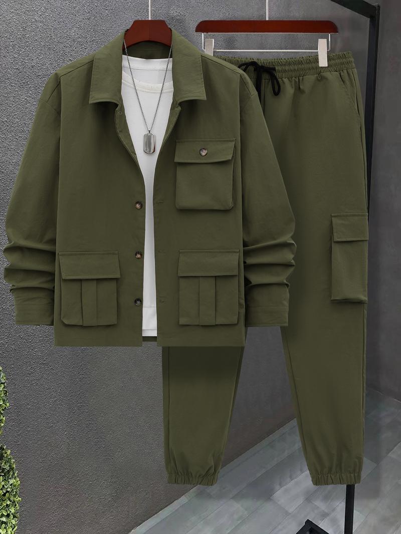 Men's Solid Color Pocket Button Front Jackets & Pants Two-Piece Set, Casual Long Sleeve Collar Top & Trousers Set, Men's Spring & Fall Clothes