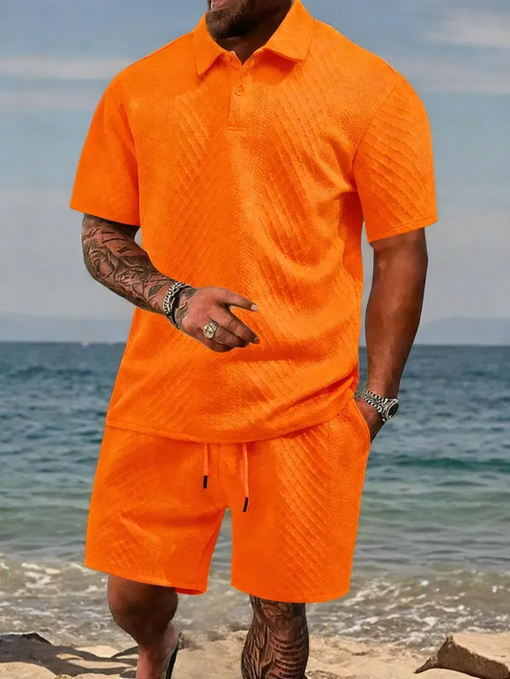 🔥8-Pack Men's Textured Polo & Shorts Sets – Casual Summer Two-Piece Outfits