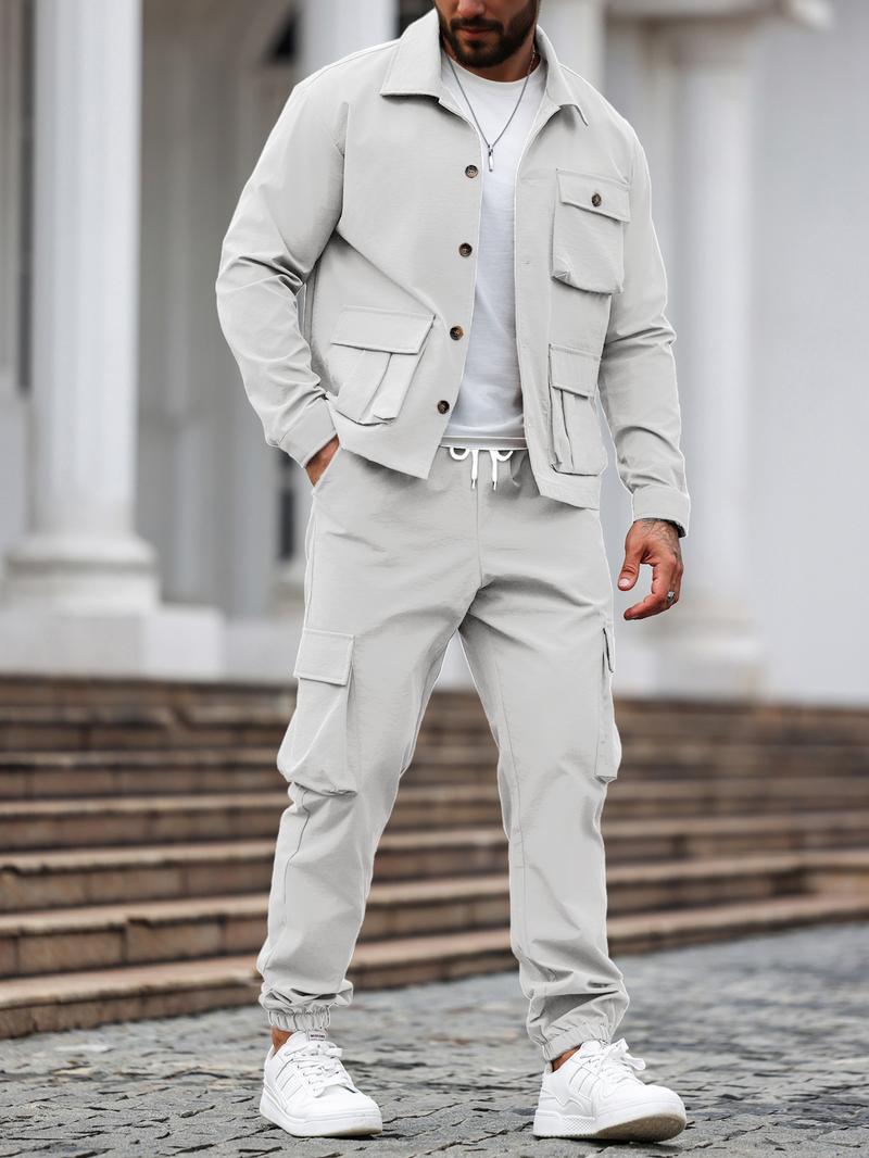 Men's Solid Color Pocket Button Front Jackets & Pants Two-Piece Set, Casual Long Sleeve Collar Top & Trousers Set, Men's Spring & Fall Clothes