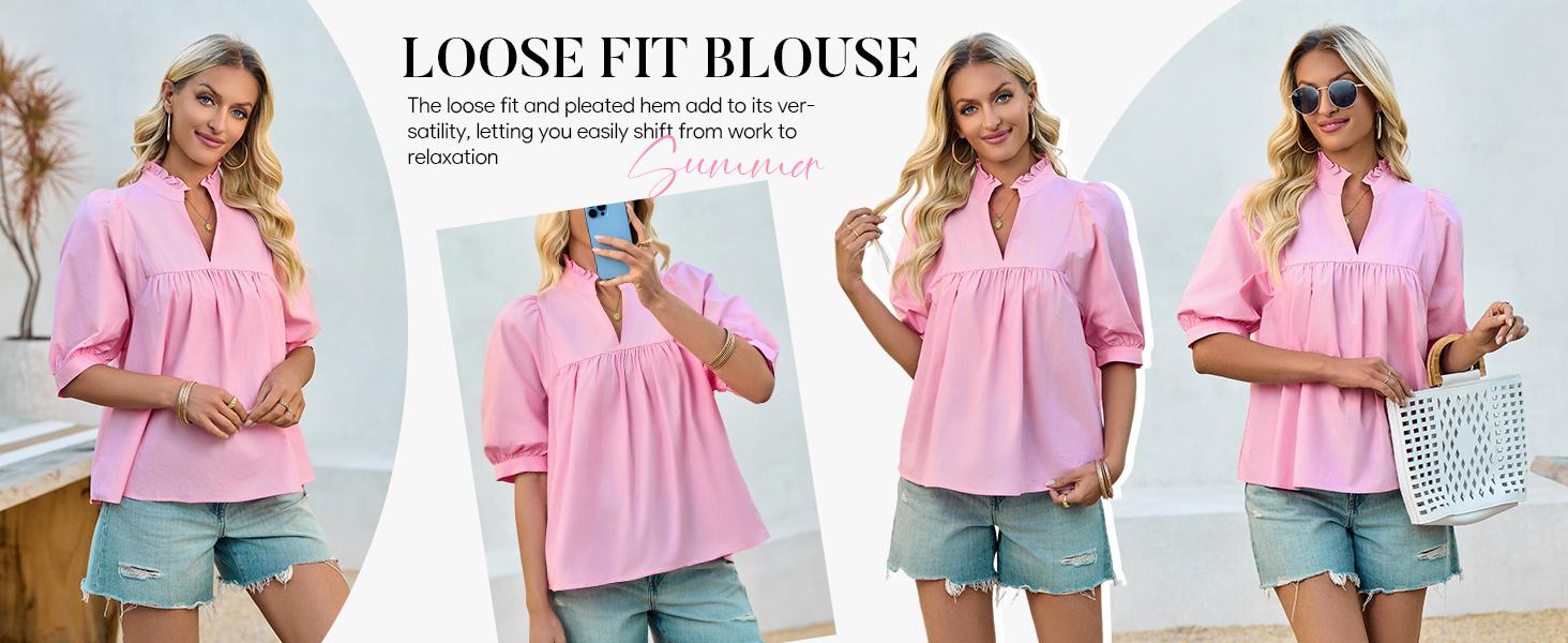 Cicy Bell Womens V Neck Puff Sleeve Blouse Babydoll Peplum Tops Dressy Casual Pleated Loose Fit Shirts