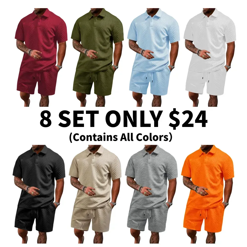 🔥8-Pack Men's Textured Polo & Shorts Sets – Casual Summer Two-Piece Outfits