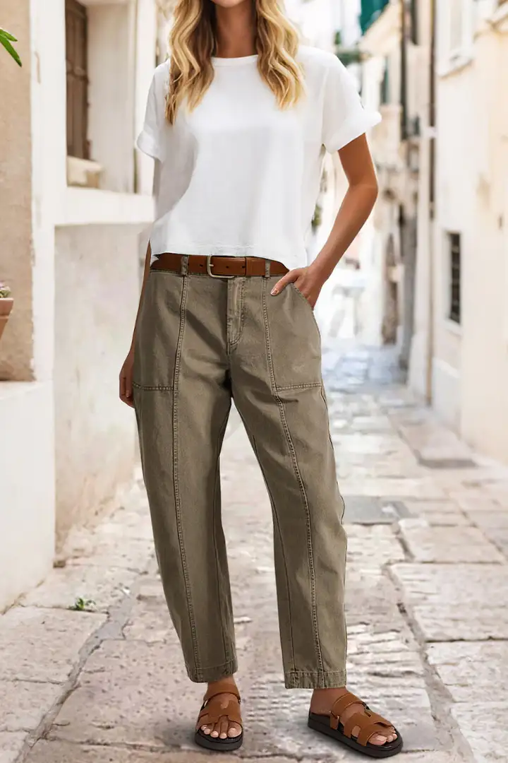 ⚡FINAL SALE⚡- Solid Stitch Detail Mid Waist Barrel Leg Pants Without Belt