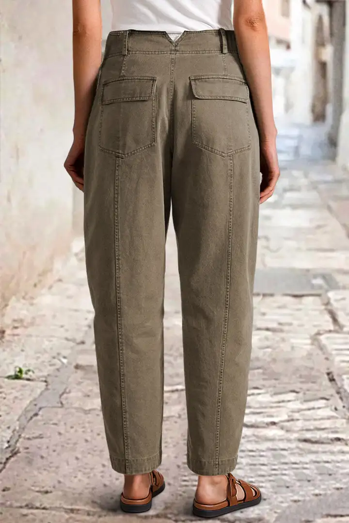 ⚡FINAL SALE⚡- Solid Stitch Detail Mid Waist Barrel Leg Pants Without Belt