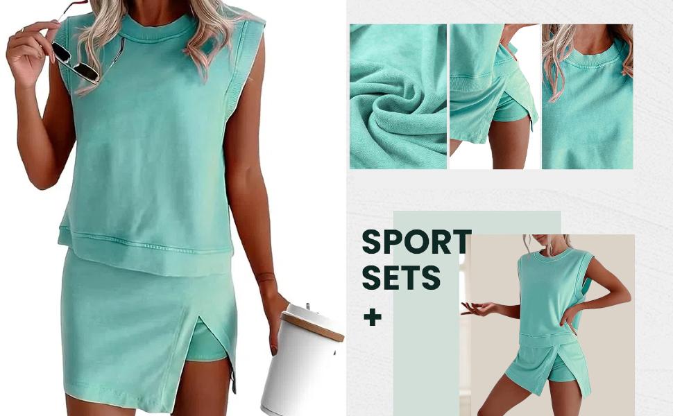 UANEO Summer Sets Women 2 Piece Outfits Shorts Tank Top and Casual Skort Lined Split Athletic Skirt Set Travel Outfit