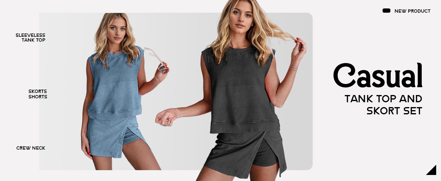 UANEO Summer Sets Women 2 Piece Outfits Shorts Tank Top and Casual Skort Lined Split Athletic Skirt Set Travel Outfit
