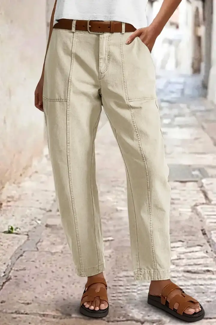 ⚡FINAL SALE⚡- Solid Stitch Detail Mid Waist Barrel Leg Pants Without Belt