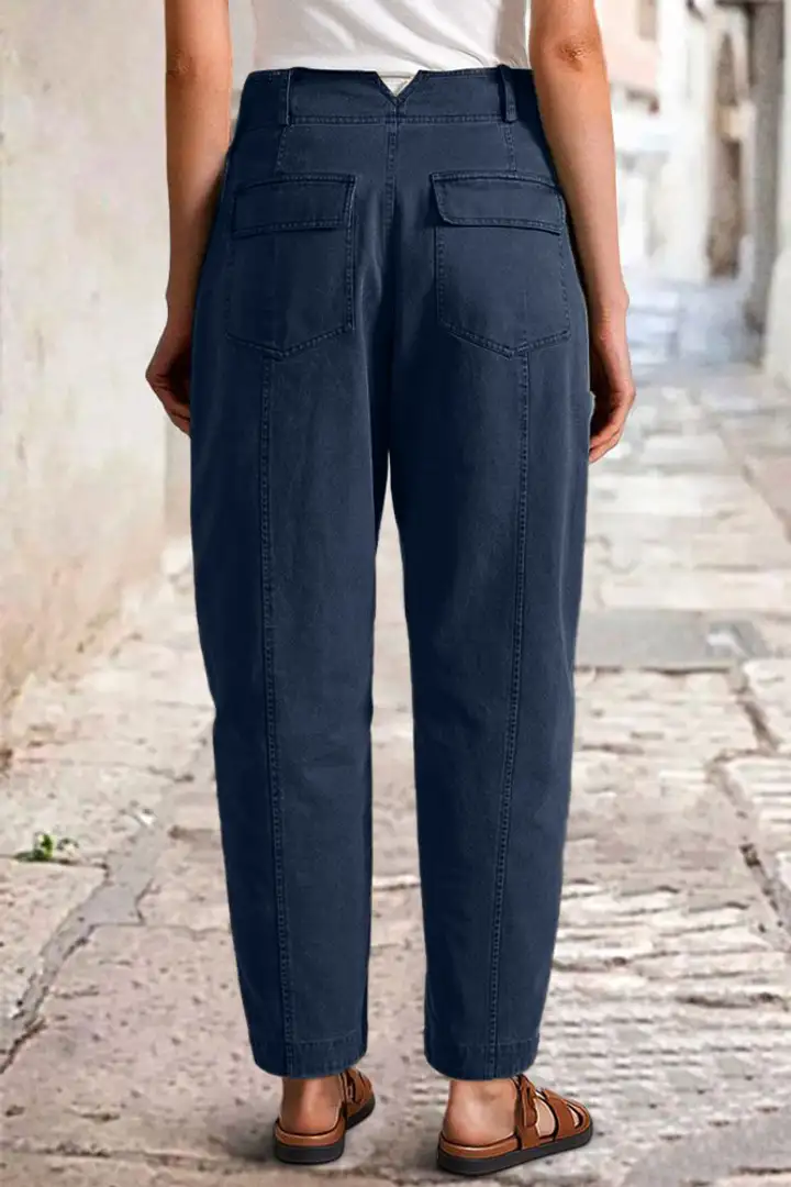⚡FINAL SALE⚡- Solid Stitch Detail Mid Waist Barrel Leg Pants Without Belt