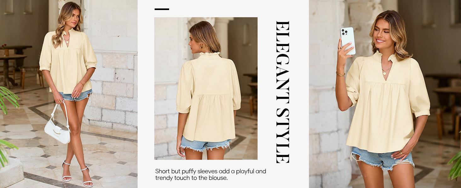 Cicy Bell Womens V Neck Puff Sleeve Blouse Babydoll Peplum Tops Dressy Casual Pleated Loose Fit Shirts