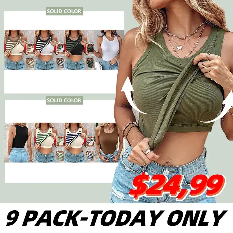 💥Round Neck Built-in Bra Ribbed Tank Top