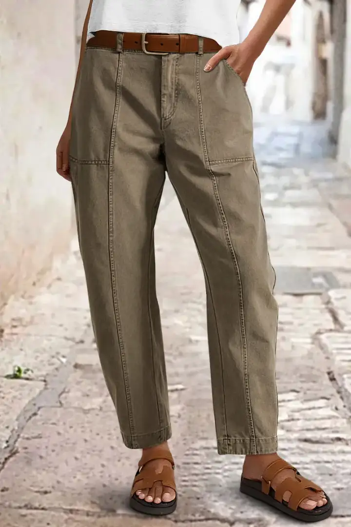 ⚡FINAL SALE⚡- Solid Stitch Detail Mid Waist Barrel Leg Pants Without Belt