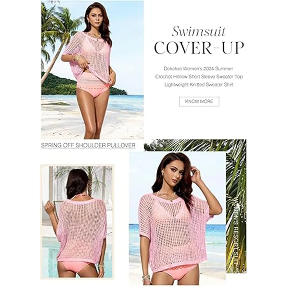 🔥Last day promotion🔥Women's Scoop Neck Crochet Knit Short Sleeve Sweater Top