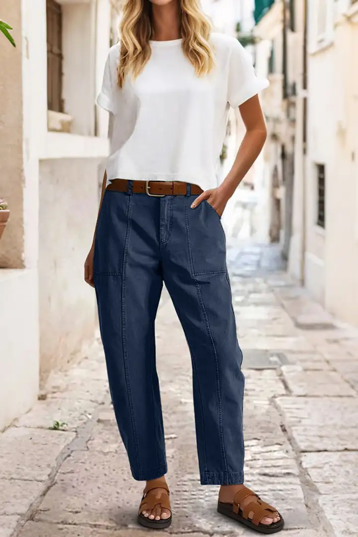 ⚡FINAL SALE⚡- Solid Stitch Detail Mid Waist Barrel Leg Pants Without Belt