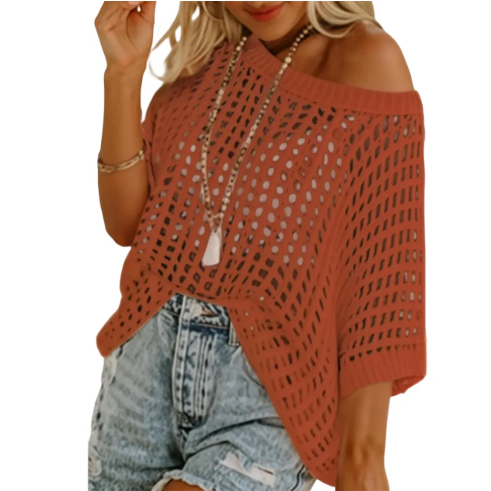 🔥Last day promotion🔥Women's Scoop Neck Crochet Knit Short Sleeve Sweater Top
