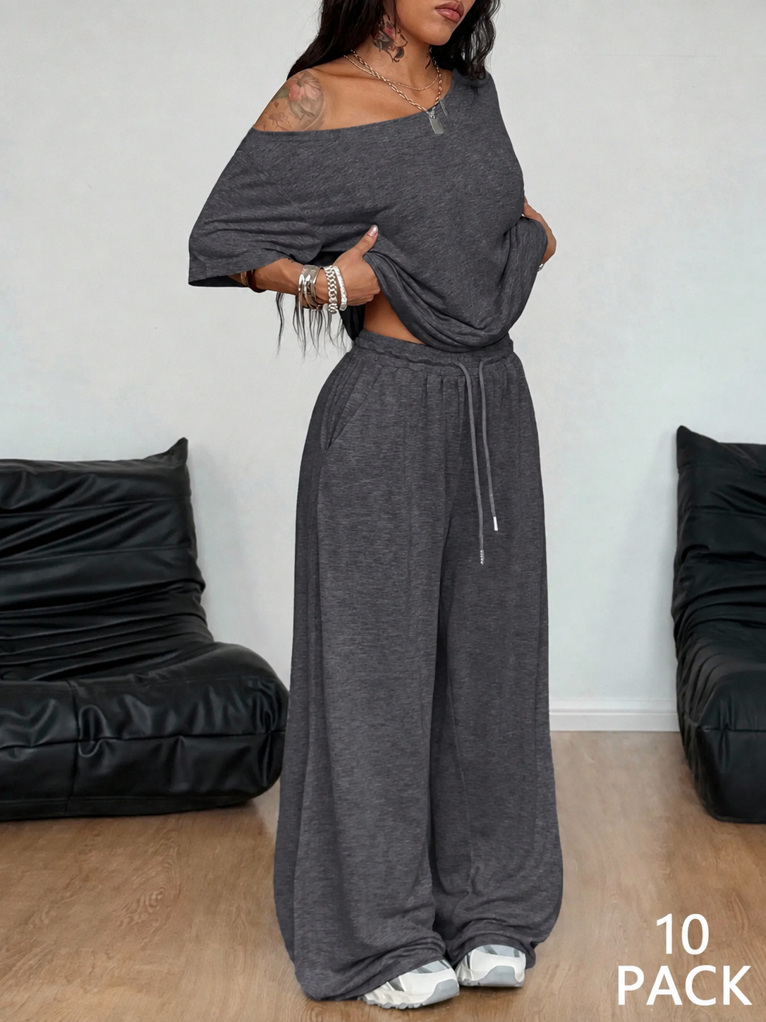 Dark gray off-shoulder wide-leg pants set, 10-pack bundle