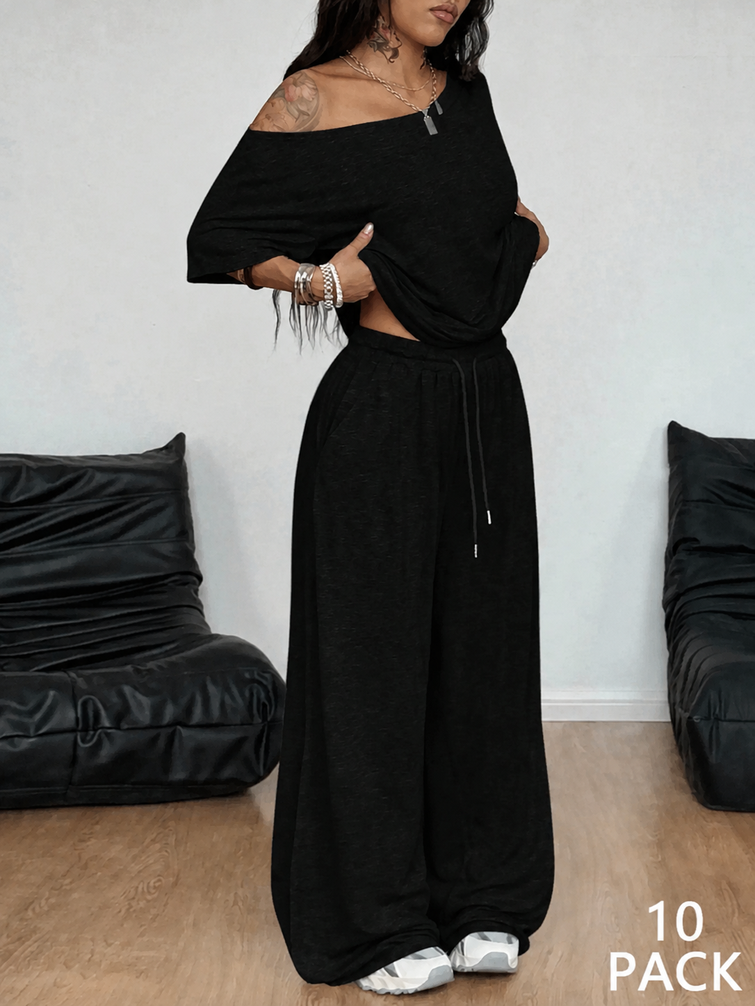 Black off-shoulder wide-leg pants set, 10-pack bundle