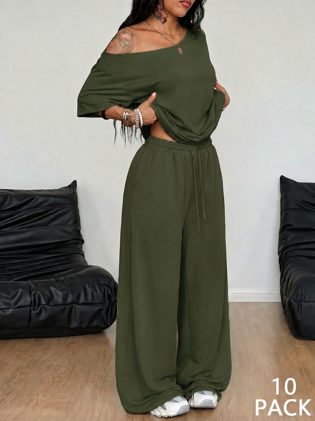 Army green off-shoulder wide-leg pants set, 10-pack bundle