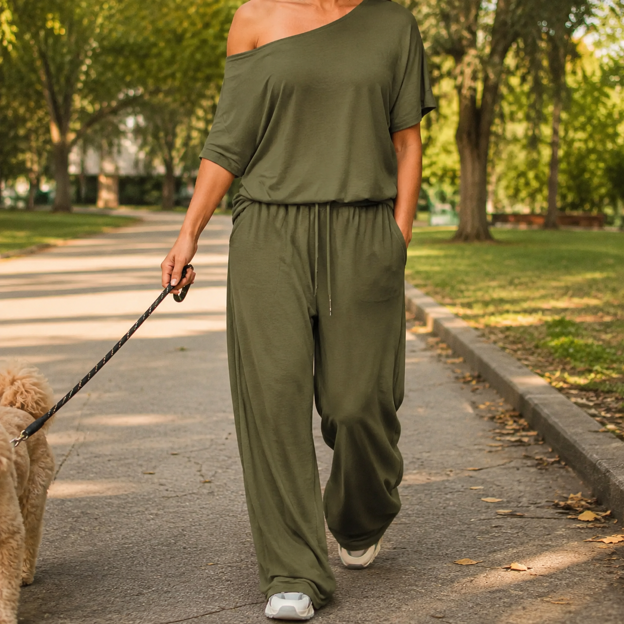 Army green off-shoulder set on a park walk, cropped below the head