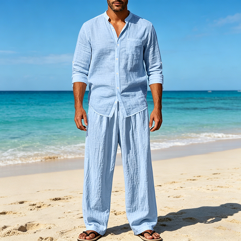Men's linen casual two-piece set, lightweight summer beachwear