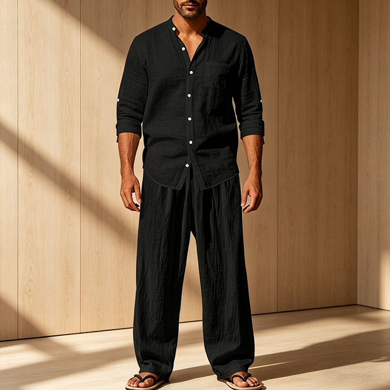 Men's linen casual two-piece set, lightweight summer beachwear
