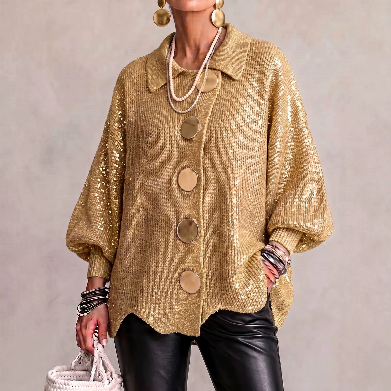 New Arrival🔥 Oversized Collared Knit Cardigan With Large Metal Buttons
