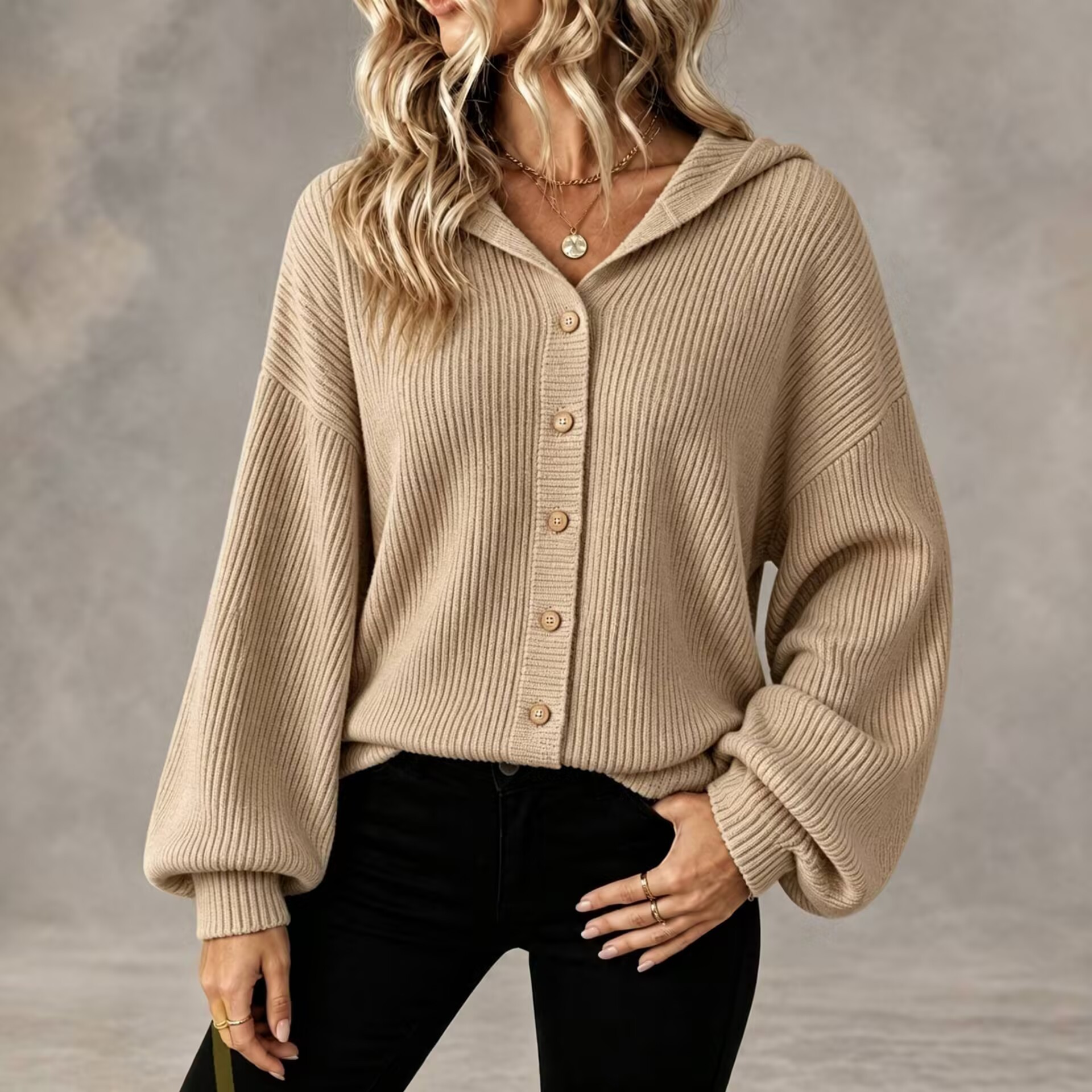 Women’s Hooded Knit Cardigan, Relaxed Fit Button Front Sweater Jacket Casual Outerwear