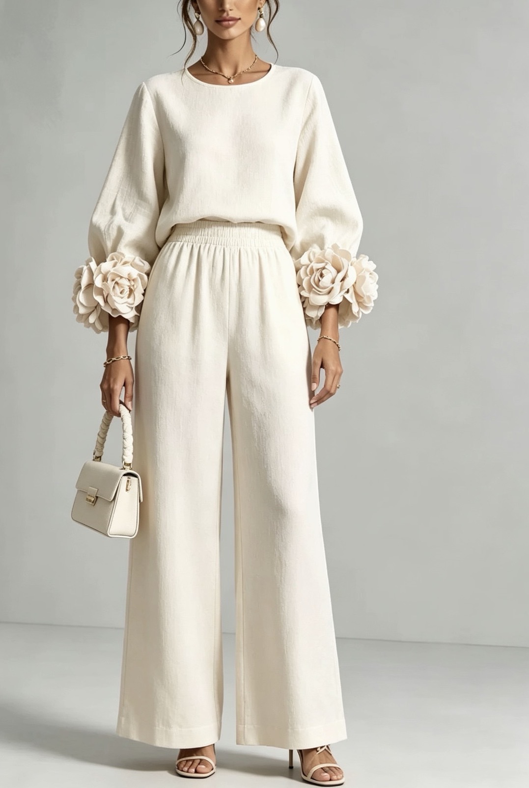 White color of the Chic 3D Rosette Sleeve Two-Piece Set