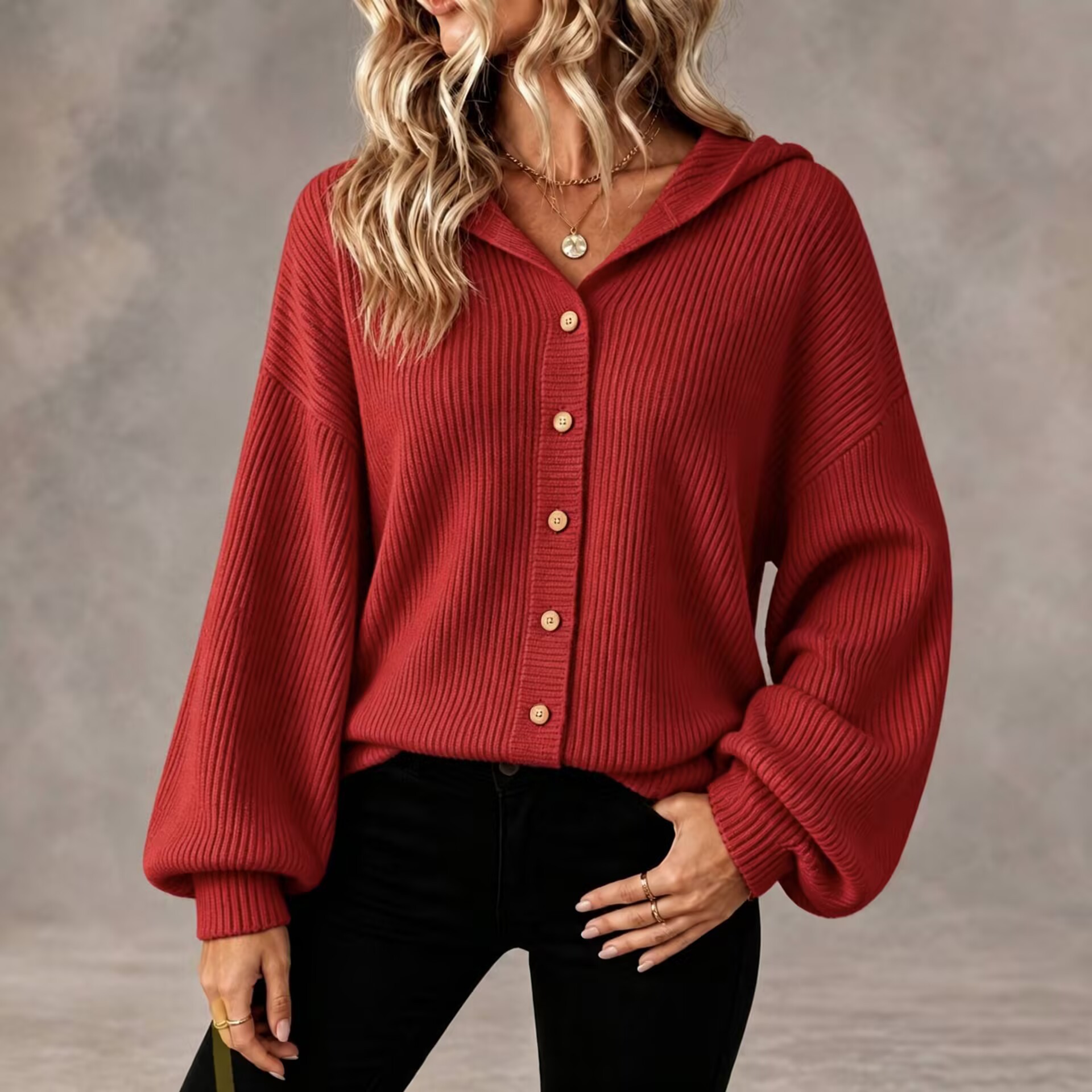 Women’s Hooded Knit Cardigan, Relaxed Fit Button Front Sweater Jacket Casual Outerwear