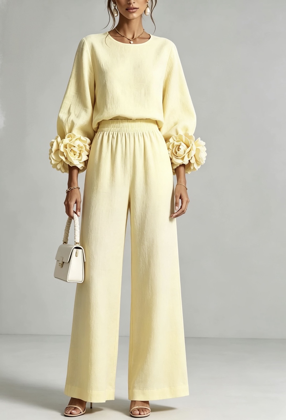 Light Yellow color of the Chic 3D Rosette Sleeve Two-Piece Set