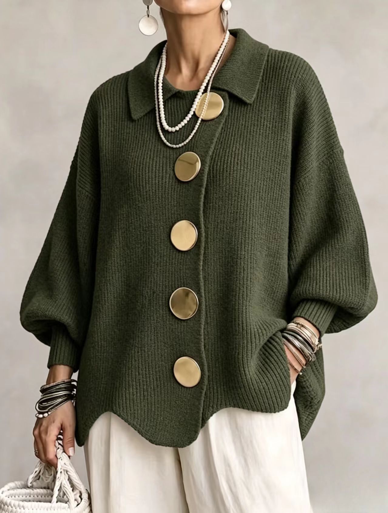 New Arrival🔥 Oversized Collared Knit Cardigan With Large Metal Buttons