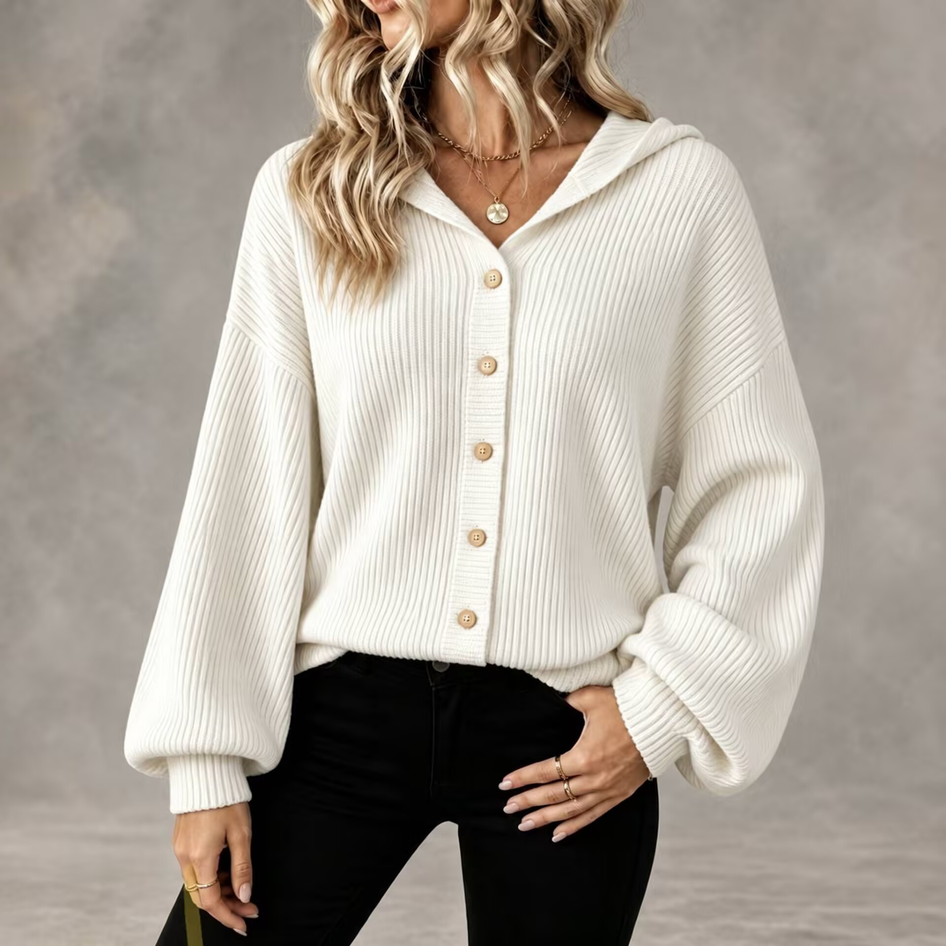 Women’s Hooded Knit Cardigan, Relaxed Fit Button Front Sweater Jacket Casual Outerwear