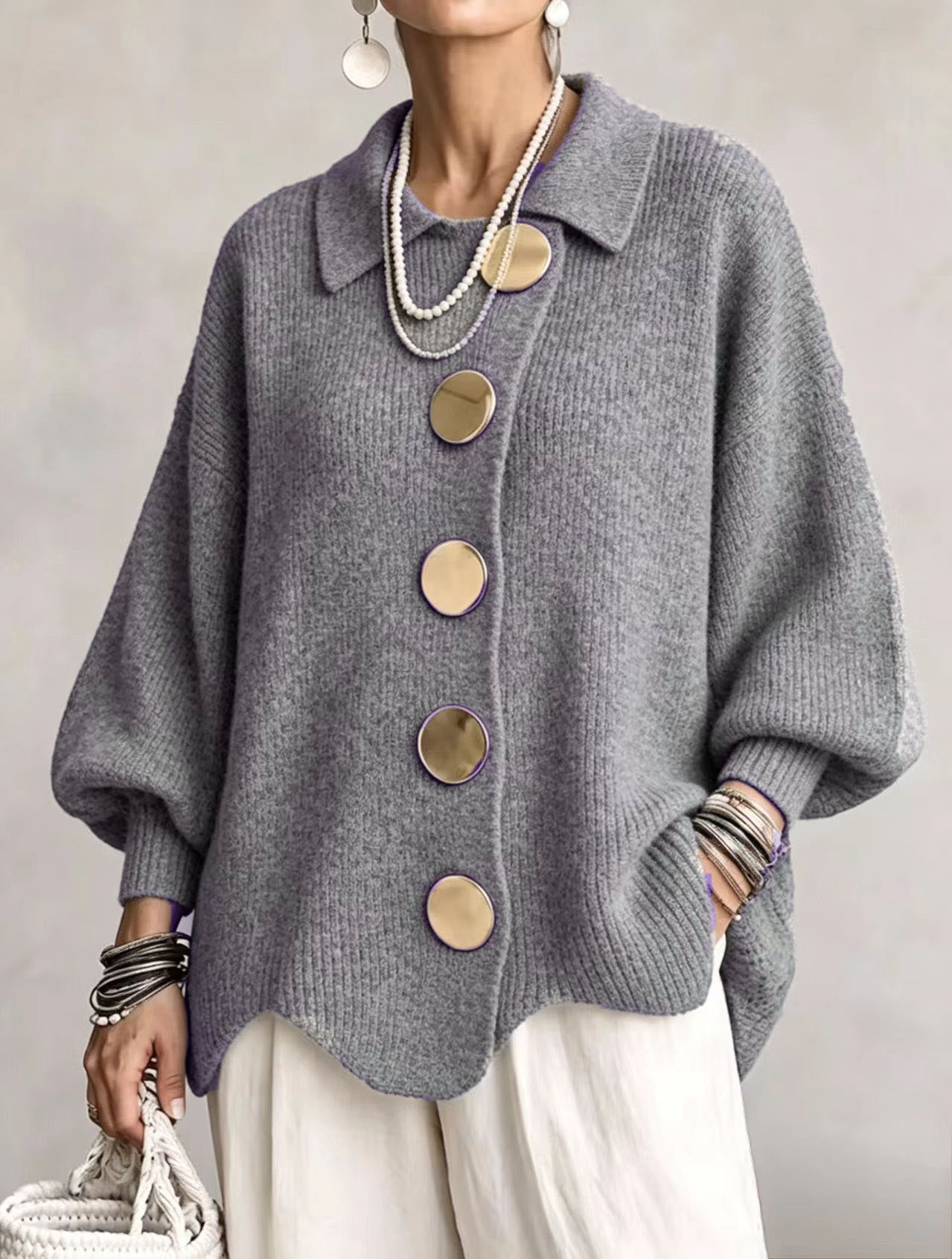New Arrival🔥 Oversized Collared Knit Cardigan With Large Metal Buttons