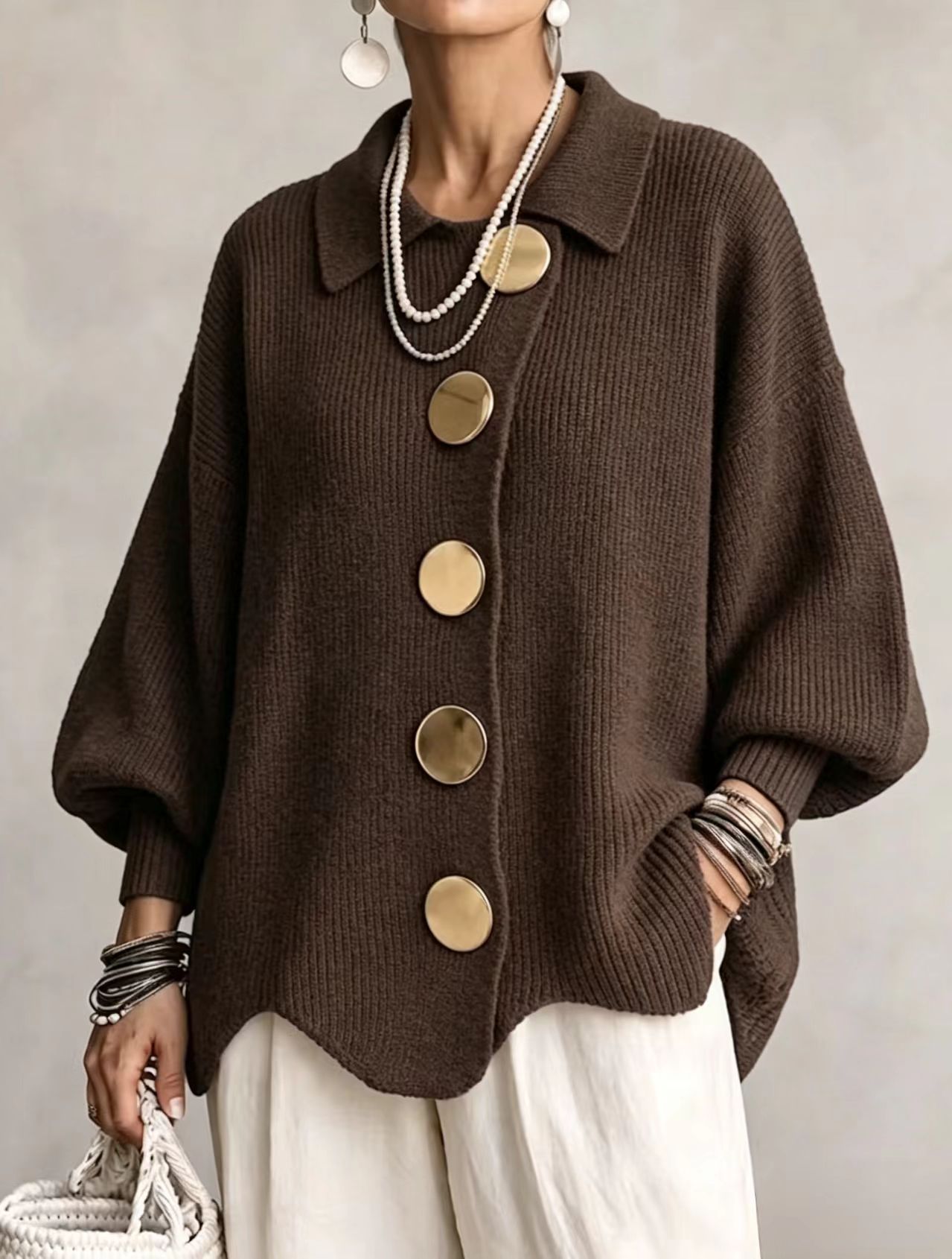 New Arrival🔥 Oversized Collared Knit Cardigan With Large Metal Buttons