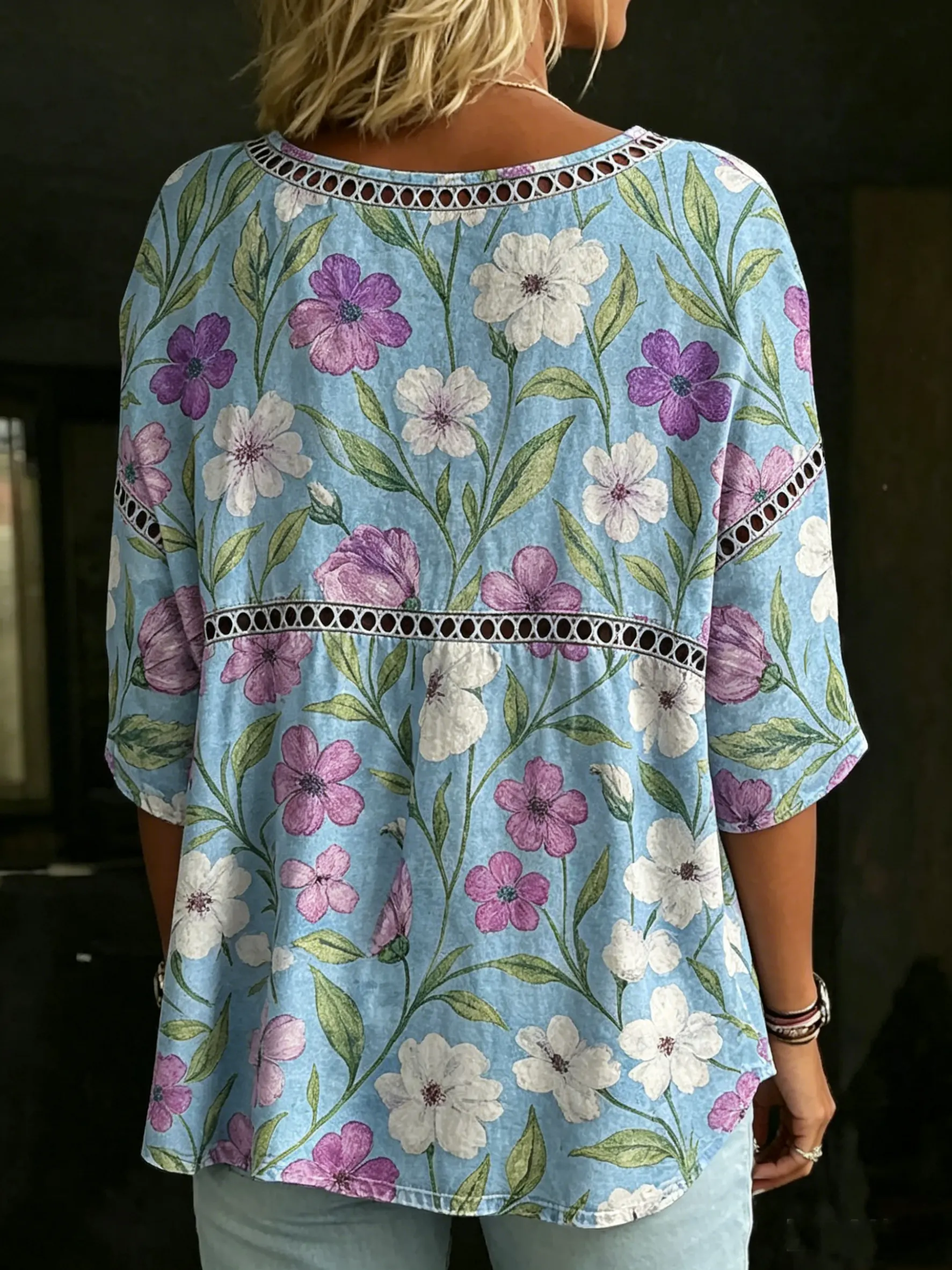 Women's Vintage Floral Casual Loose Denim Blouse Shirt