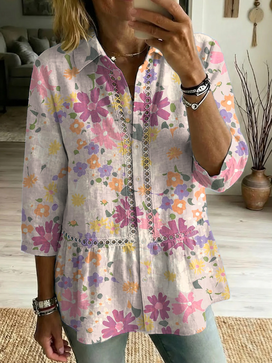 Artistic Floral & Watercolor Print Loose Cotton Top With Cutout Paneling