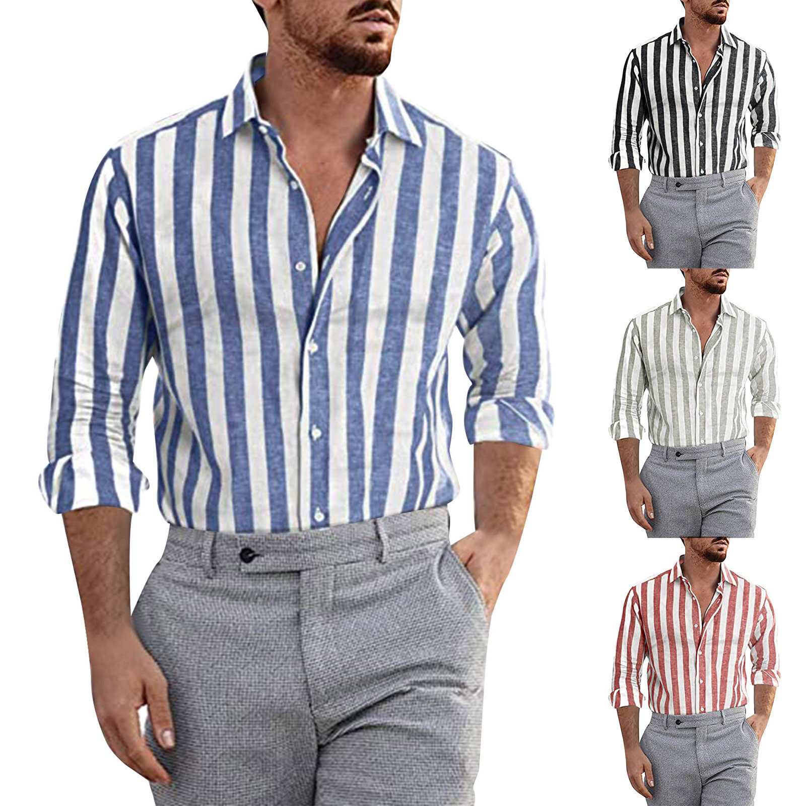 Men Fashion Casual Striped Print Cotton Linen Buckle Turn Down Collar Long Sleeve Shirt-Comfort & Reliable