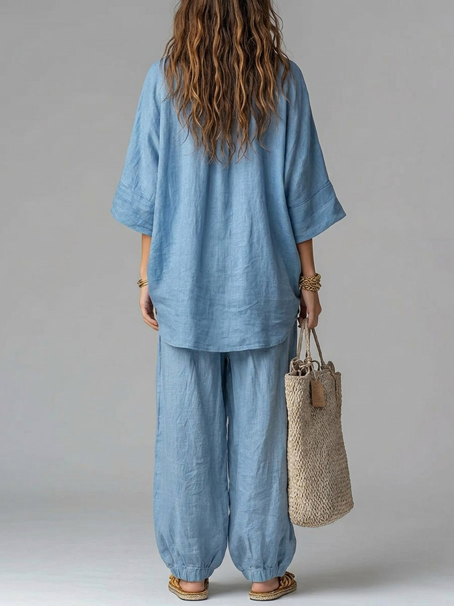 Women's Solid Color Art Stylish Casual Top And Pants Cotton Linen Two-Piece Set