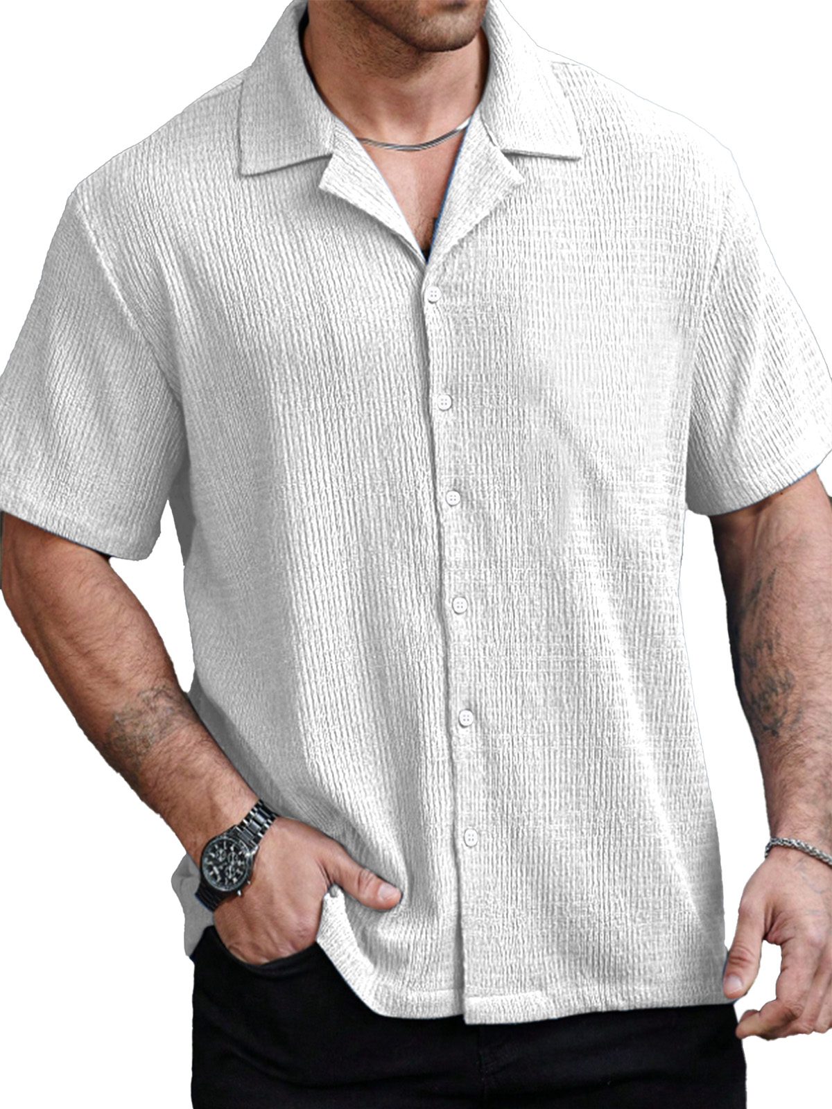 Men's Casual Solid Color Texture Cuban Collar Short Sleeve Shirt