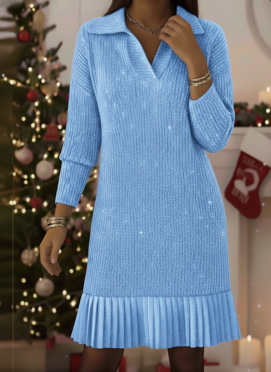 CLEARANCE SALE🔥Women's Elegant Polo Neck Shimmering Knit Dress
