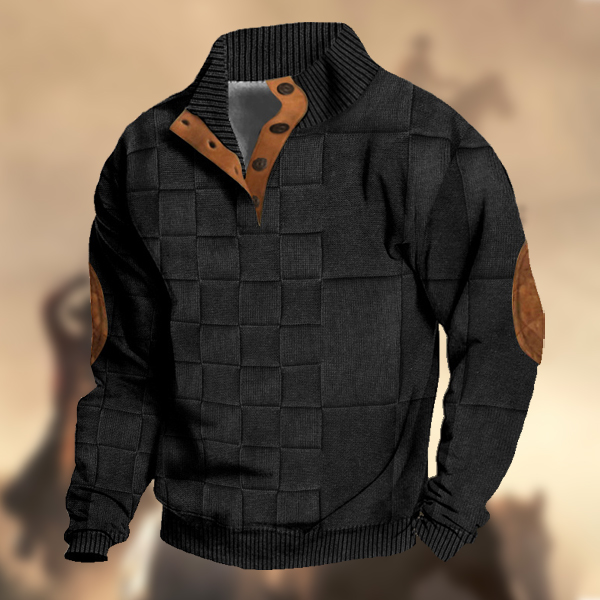 Men's Vintage Country Cashmere Knitted Elbow Patch Henley Stand Collar Sweatshirt-Comfort & Reliable
