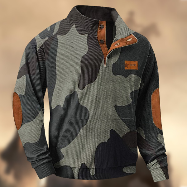 Men's Western Texas License Plate Leather Patches Blue Gray Camouflage  Ziper Sweatshirt-Comfort & Reliable