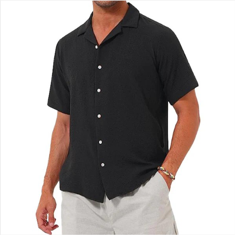 Men's lapel casual solid color short sleeve button linen shirt-Comfort & Reliable