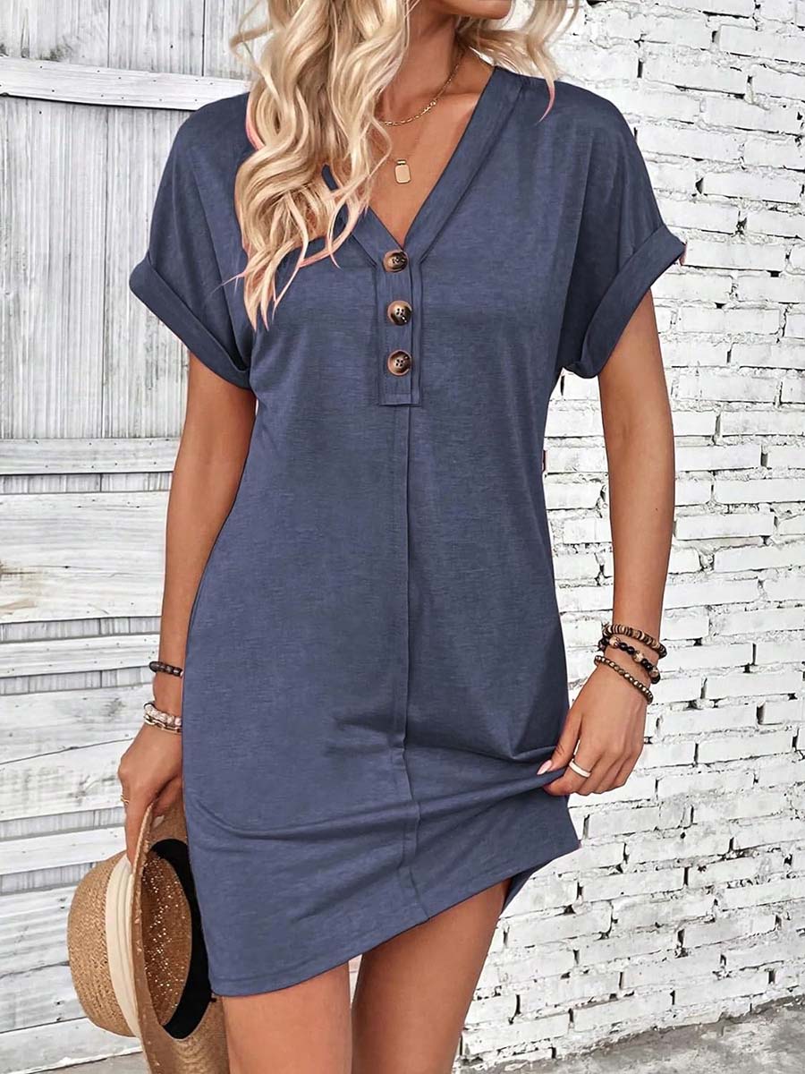 Women's V-neck Short-sleeve Casual Loose Cotton Dress