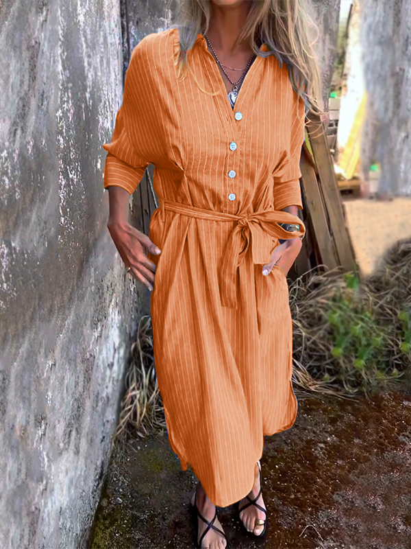 NEW🔥 Striped Lapel Button Down Belt Dress