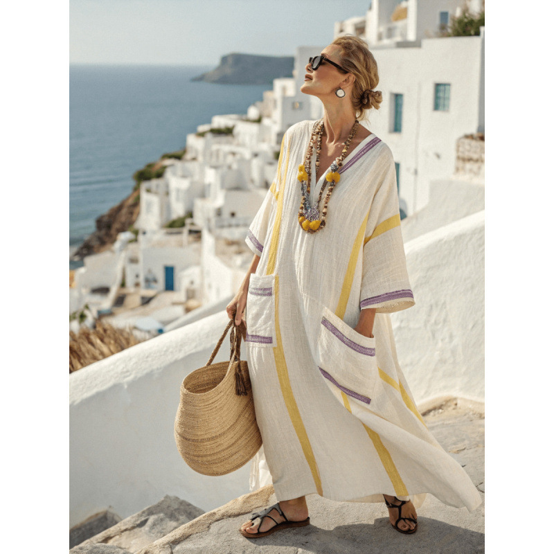 Women's V-Neck Linen-Blend Kaftan Dress