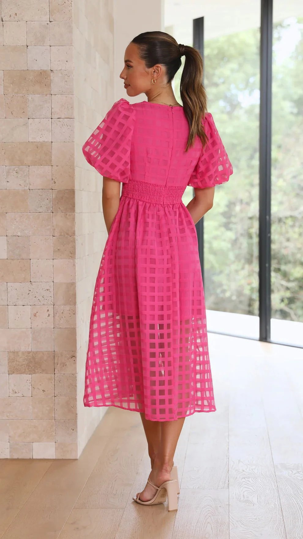 Beauty Square Patterned Fabric Puff Sleeve Midi Dress-Comfort & Reliable