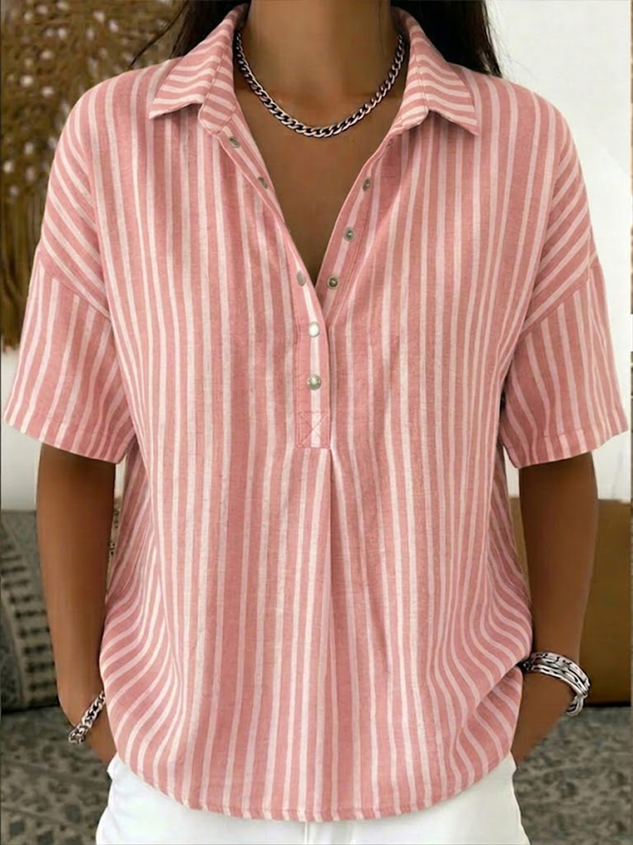 Casual Stripe Polo Collar Short-sleeved Linen And Cotton Shirt